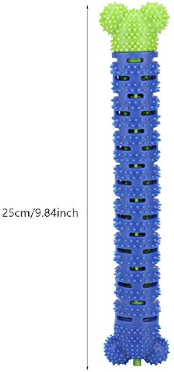 Blue silicone dog chew toy with textured brush head design for dental cleaning.
