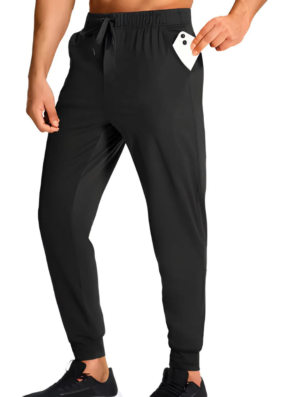 Men's loose fit casual trousers in solid colour polyester fabric showing relaxed cut and casual styling