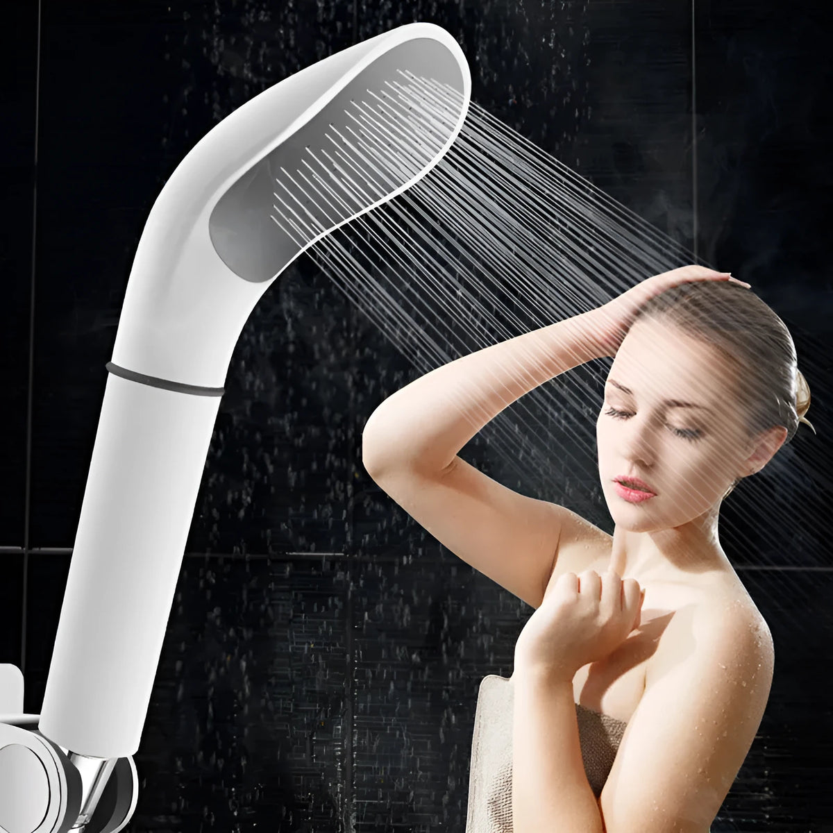 Water saving filter shower head with rainfall function, plastic body, black or white filter model, and 1.5m stainless steel hose option