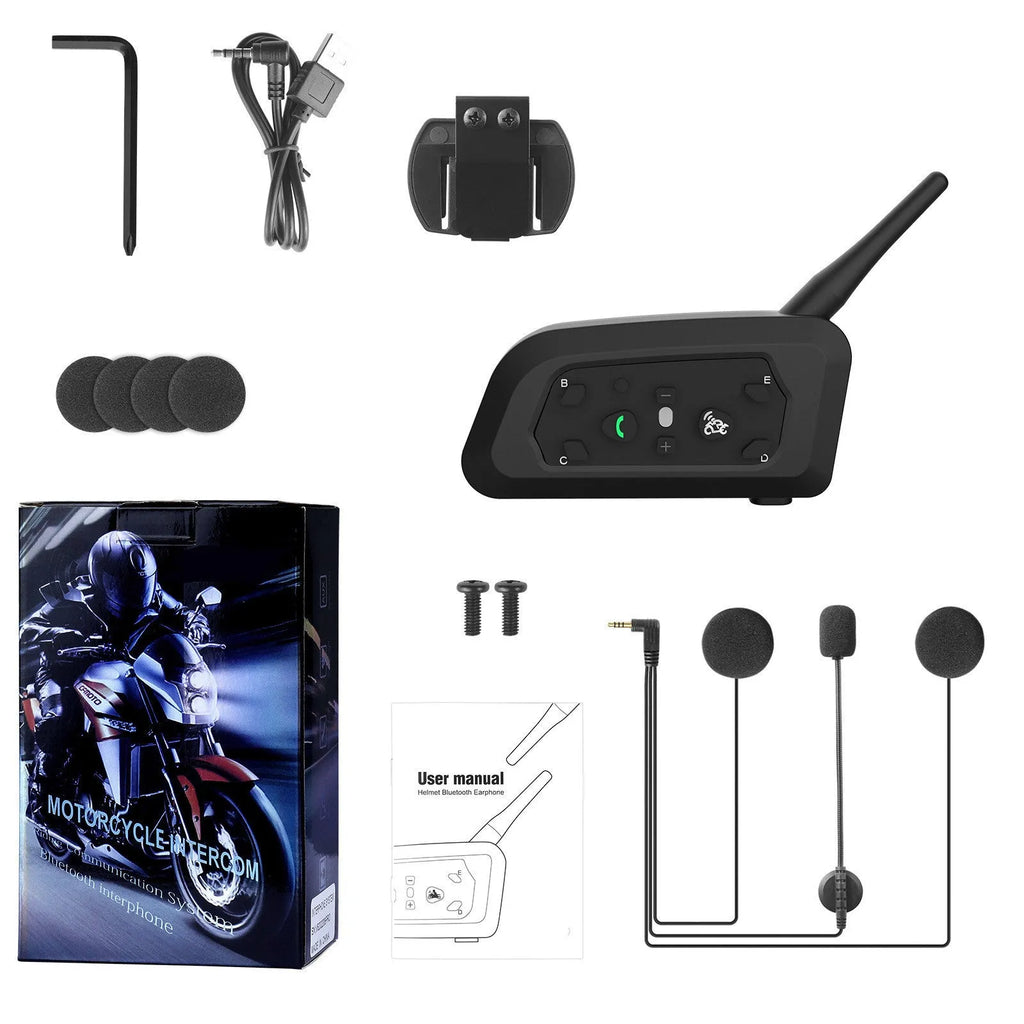 V6pro motorcycle helmet Bluetooth intercom unit with headphones and mounting accessories