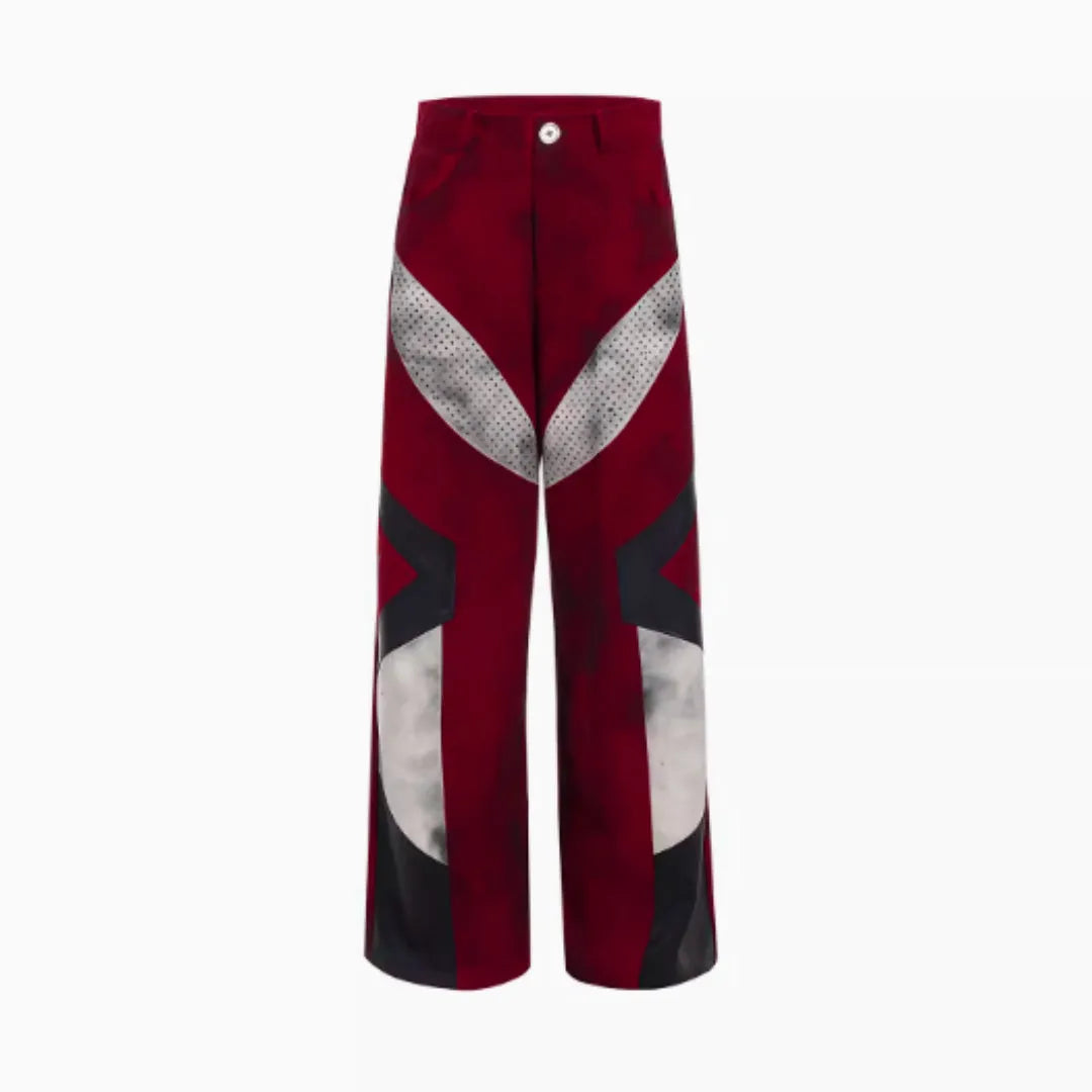 Men's red wide leg jeans with leather patchwork splicing detail, medium high waist, zipper closure