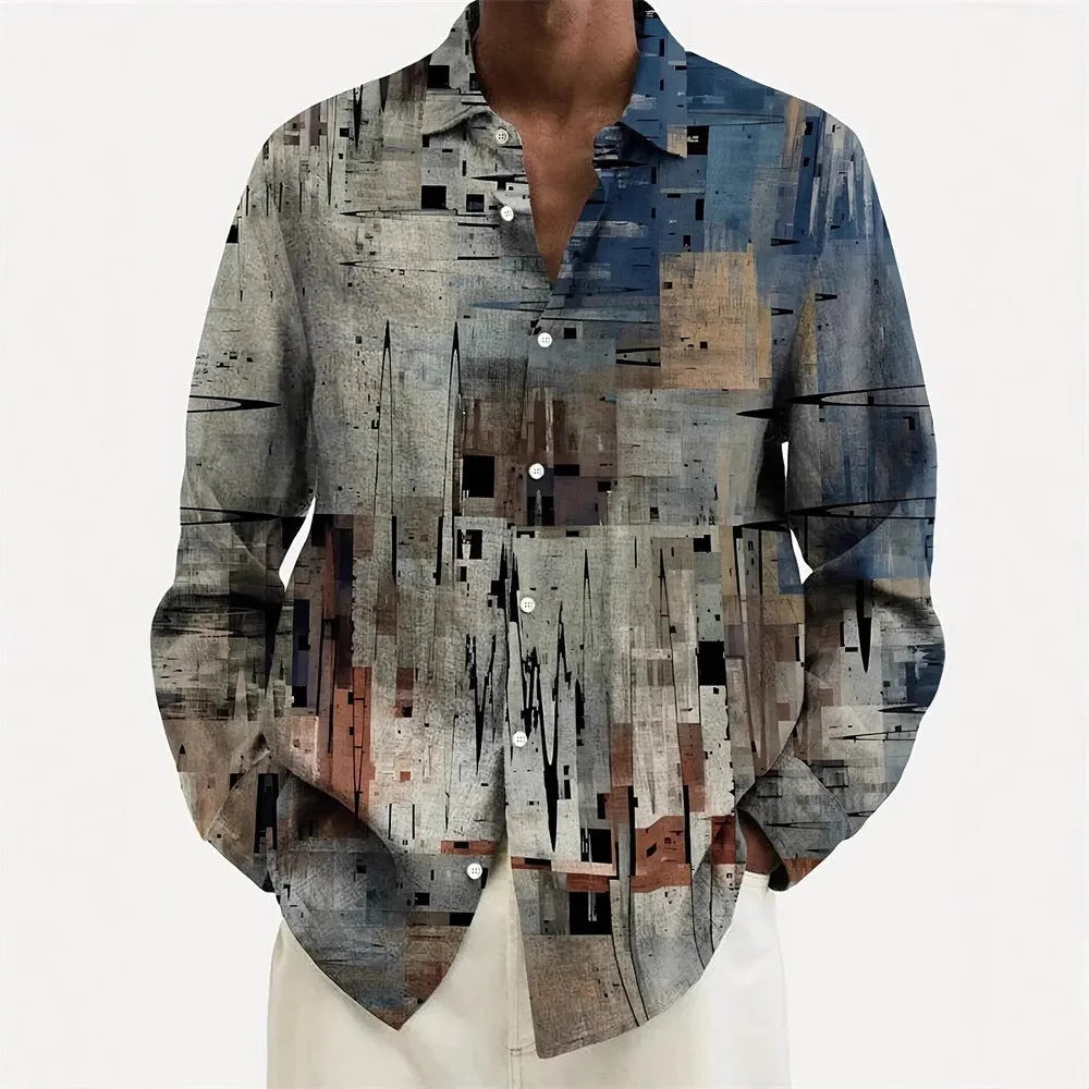 Man wearing a loose-fit Hawaiian shirt with floral pattern, long sleeves, and a cardigan style.