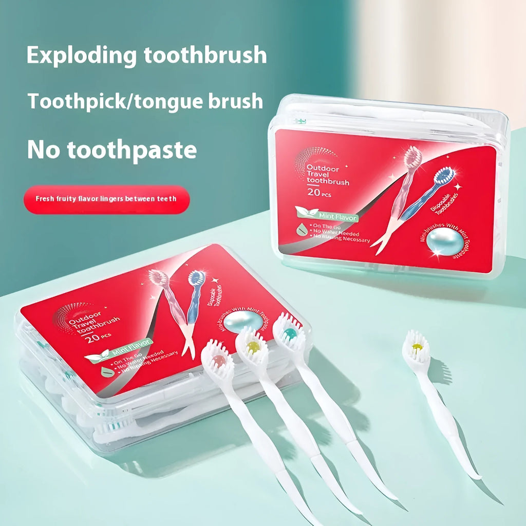 Box of 20 disposable beaded travel toothbrushes in individual wrappers.