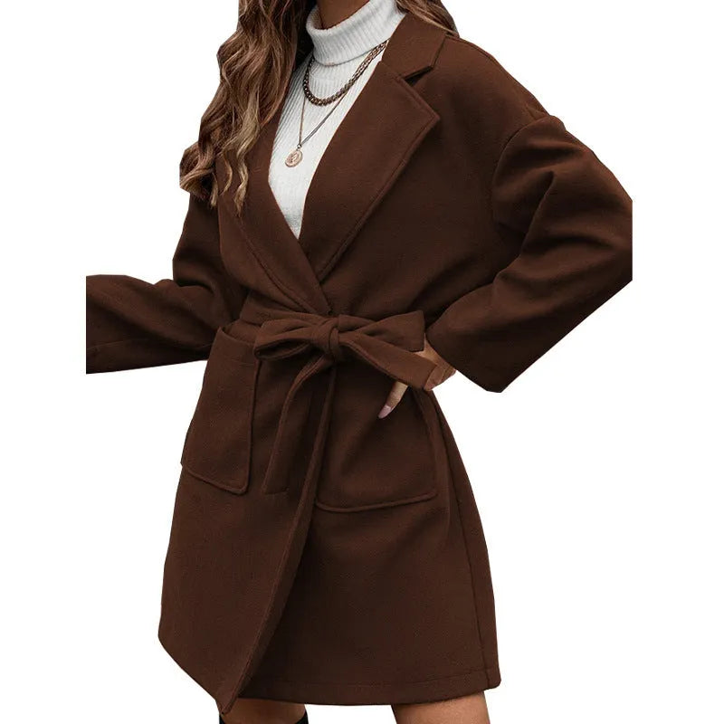 Minimalist long sleeve lapel button coat with split belt in thick polyester fabric