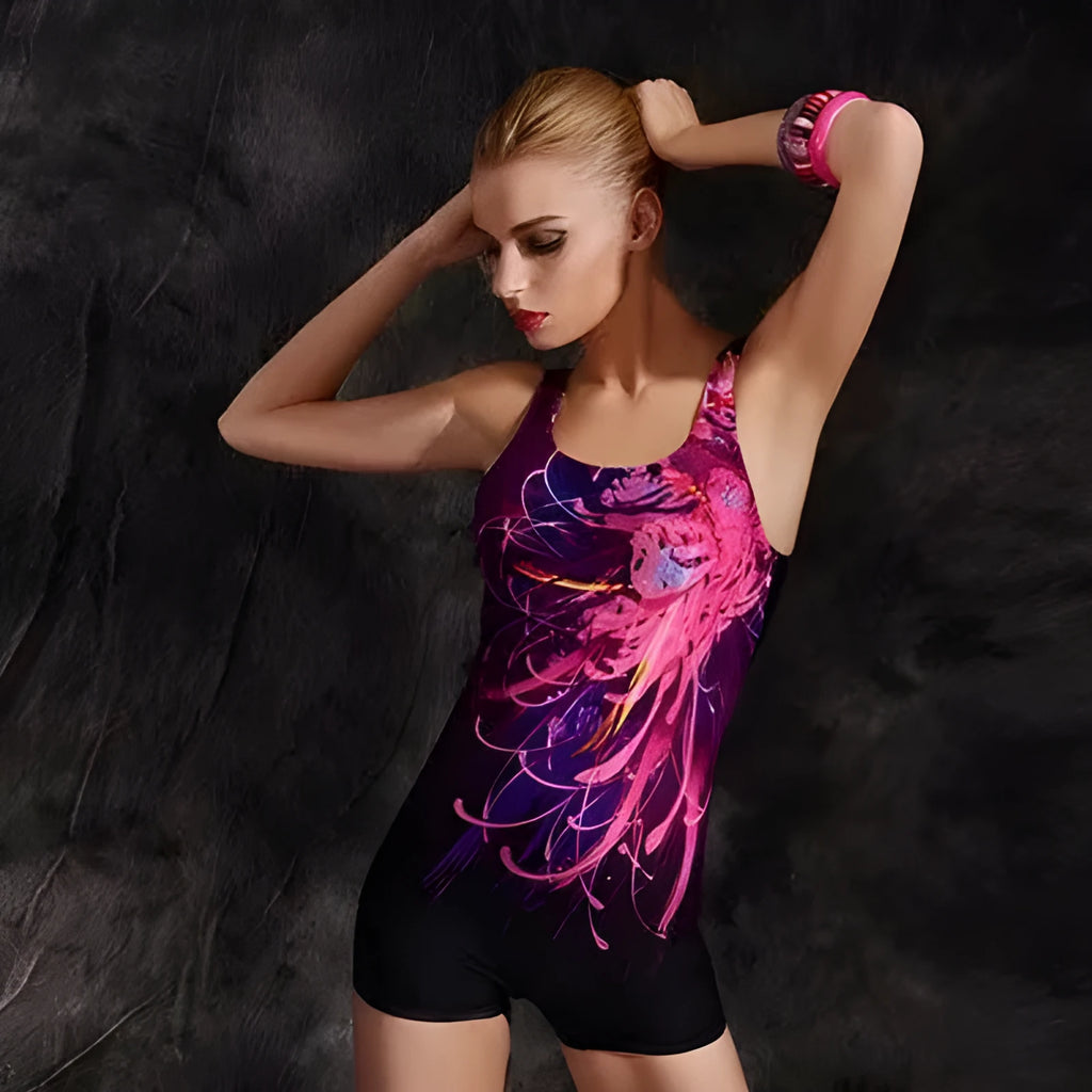 Women's black and blue quick-dry polyester one-piece swimsuit on a mannequin, showing conservative sleeveless design.