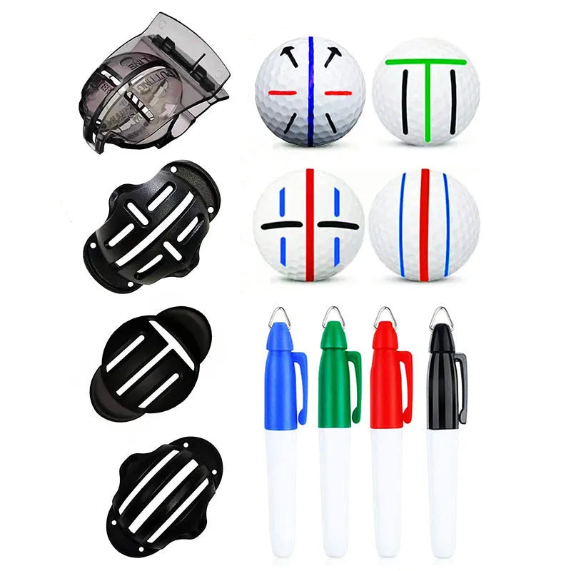 Outdoor golf scriber putter alignment tool set showing four plastic scribers and four drawing pens.
