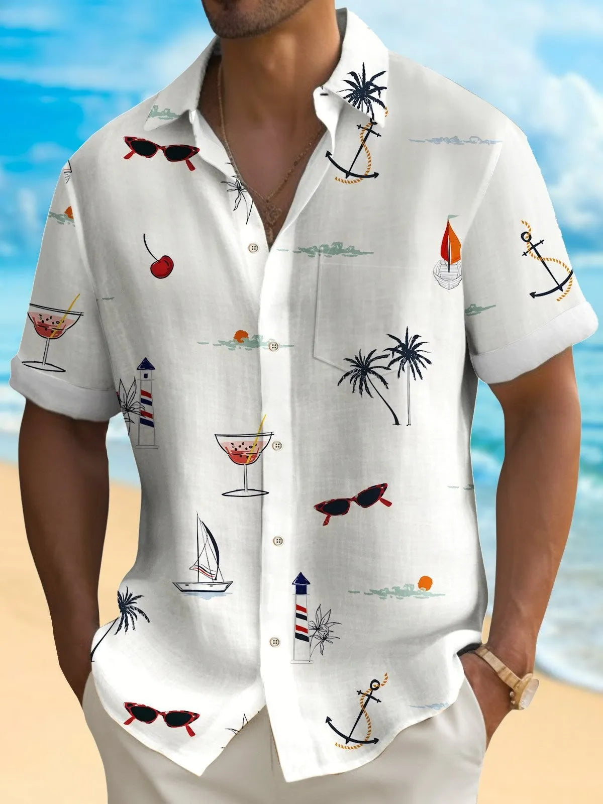 Man wearing a colourful digitally printed Hawaiian shirt with a loose fit and short sleeves.