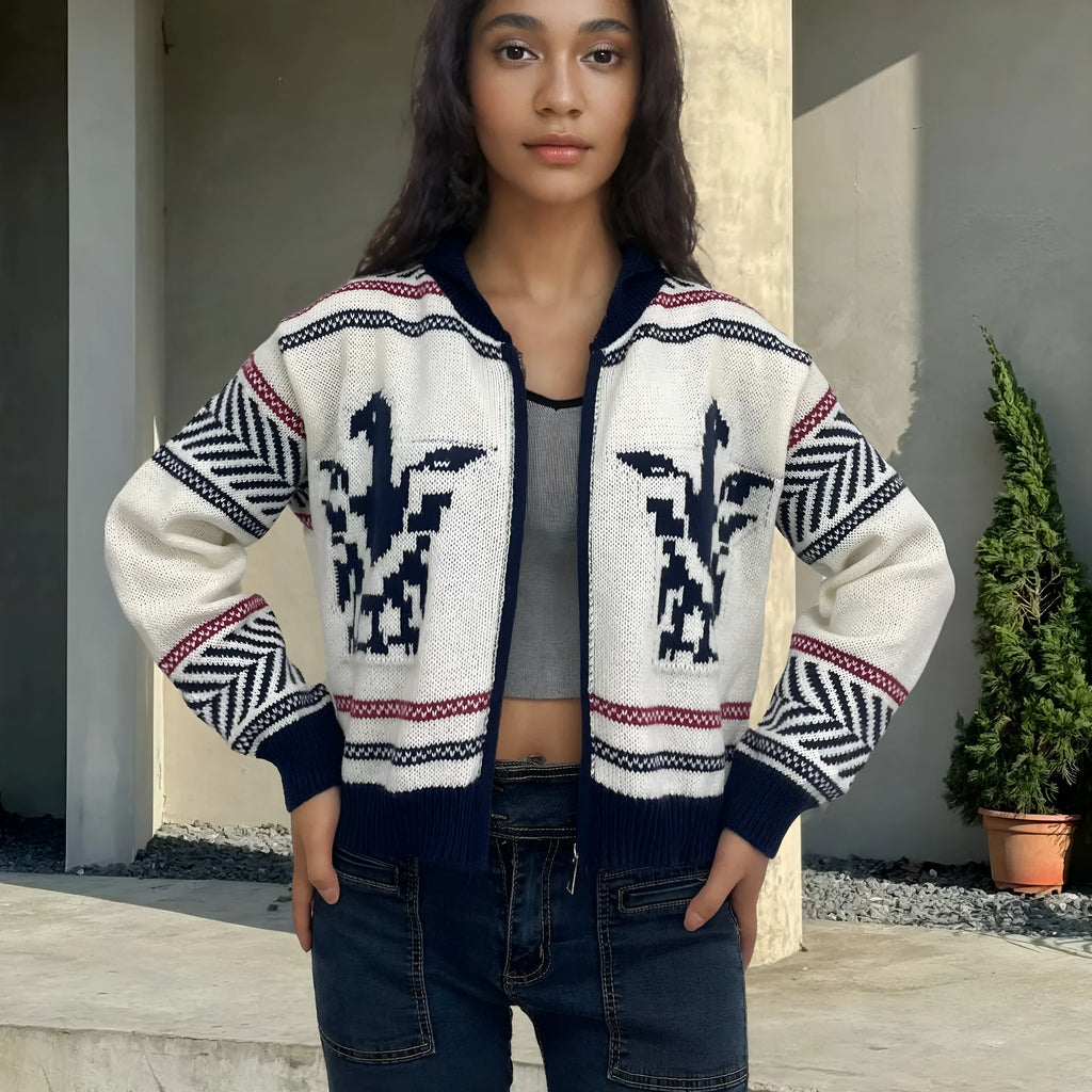White women's zip cardigan with jacquard lapel and contrast stripe pattern