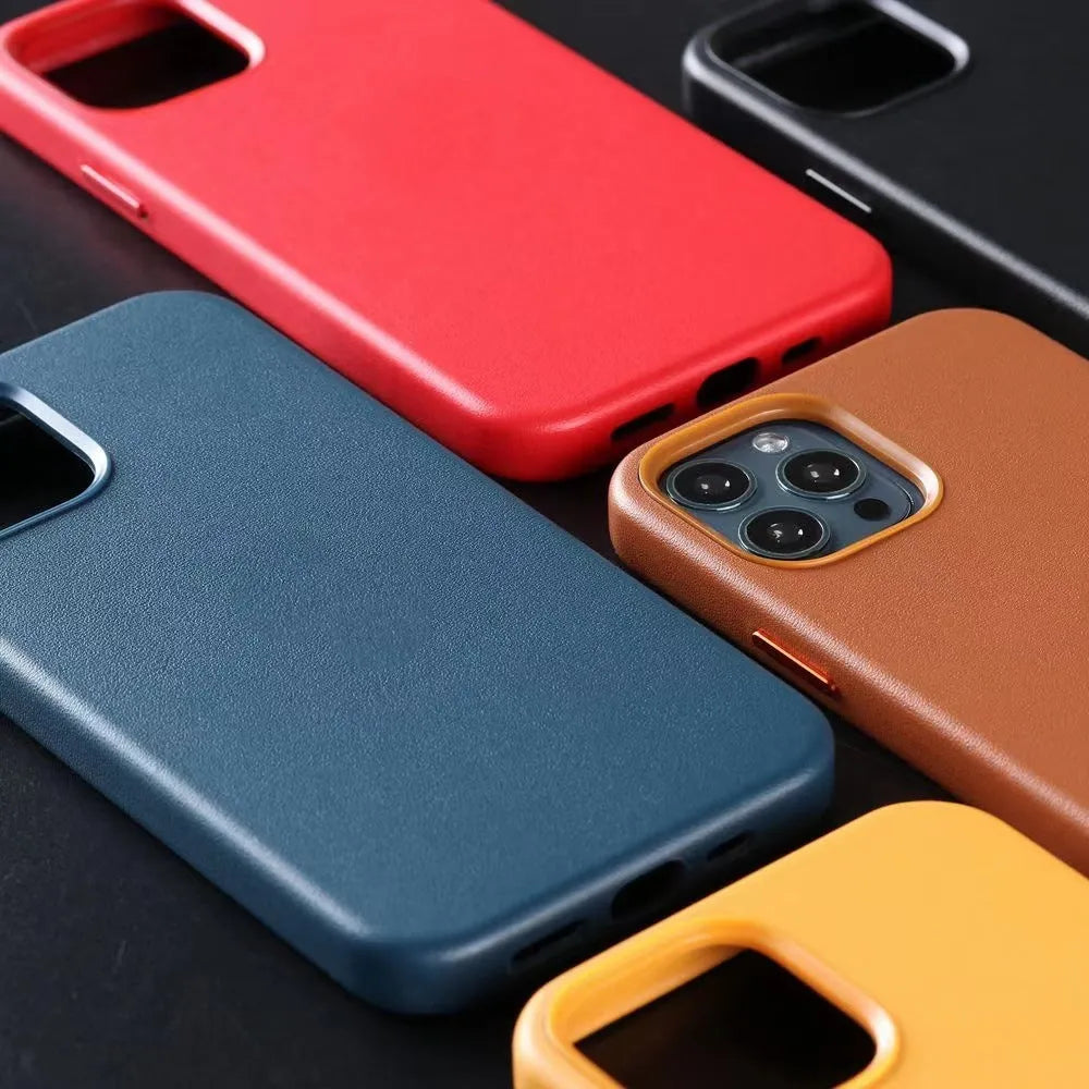 Real cowhide leather iPhone case with magnetic feature in multiple solid colours
