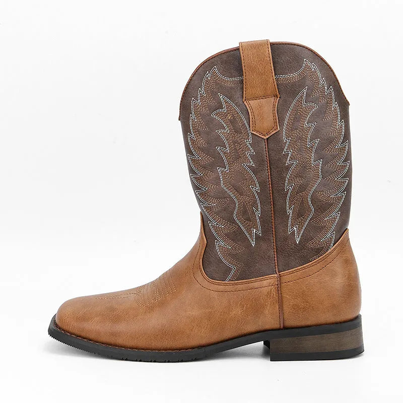 Men's black square toe western-style motorcycle boots with embroidery detail on artificial leather upper.