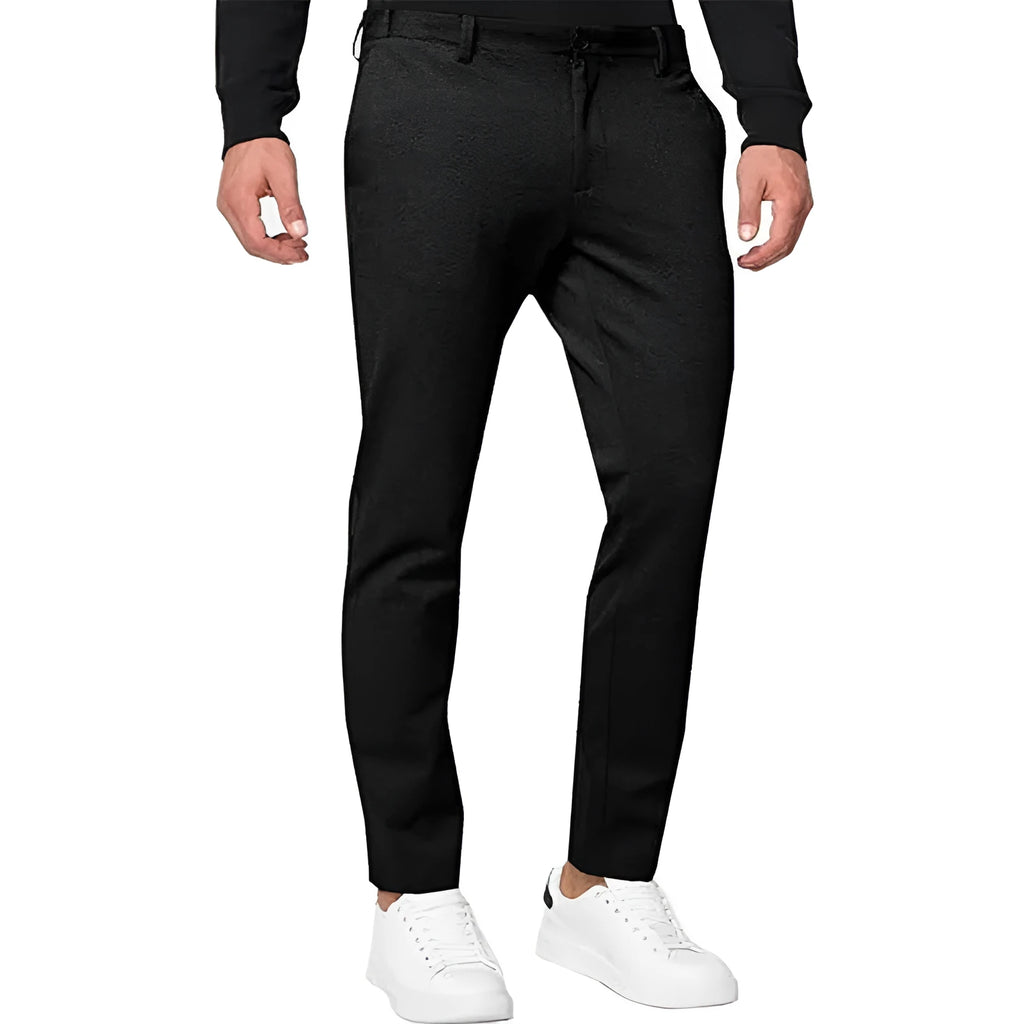 Men's slim-fit tapered chino trousers in a grey cotton blend fabric with a zipper fly.
