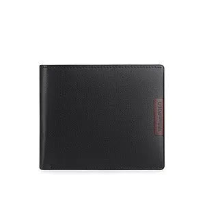 Men's slim leather wallet showing anti-theft card slot and letter pattern detail