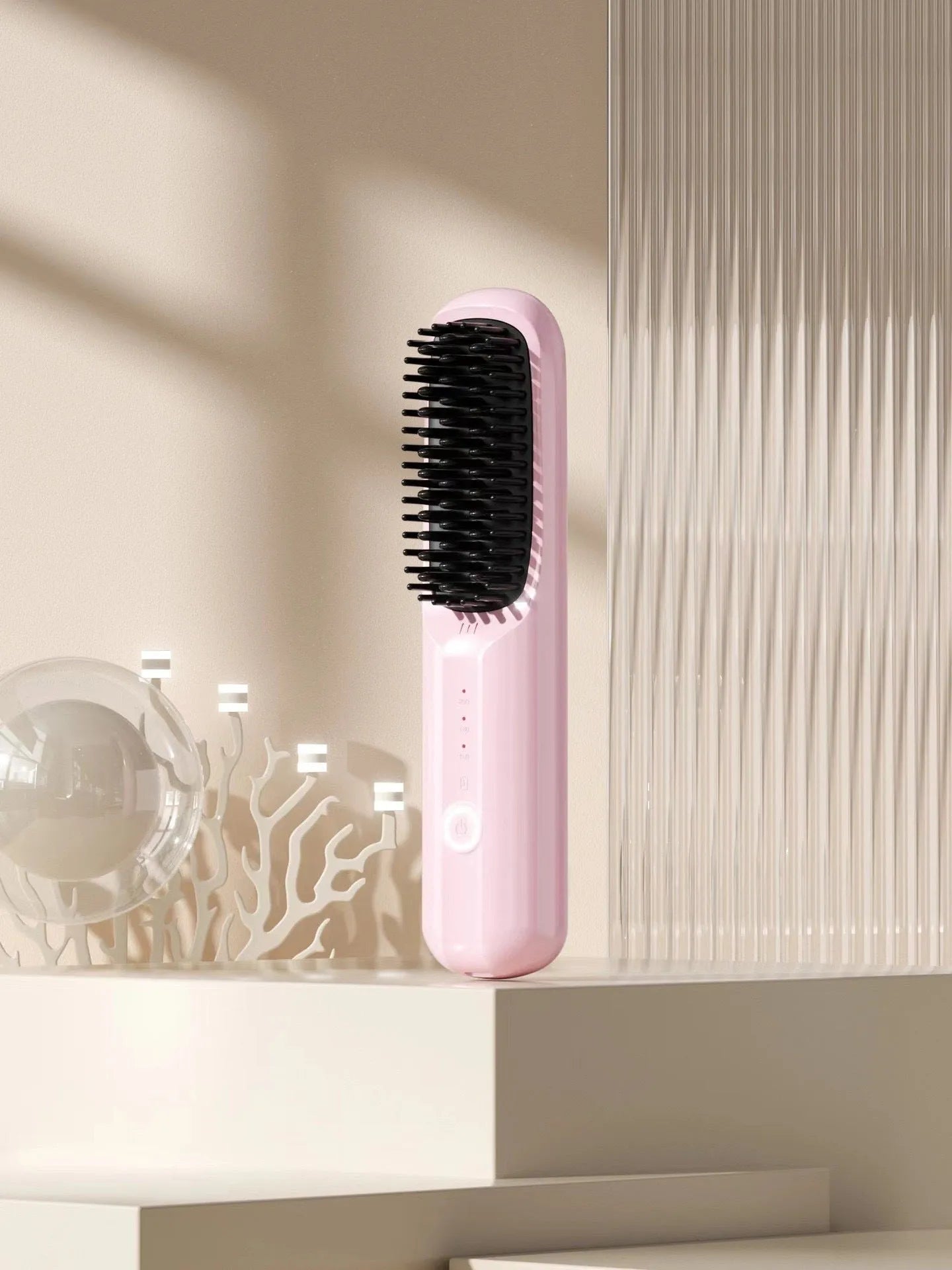 Wireless anion hair straightening comb in beige, showing comb shape and ceramic plates.