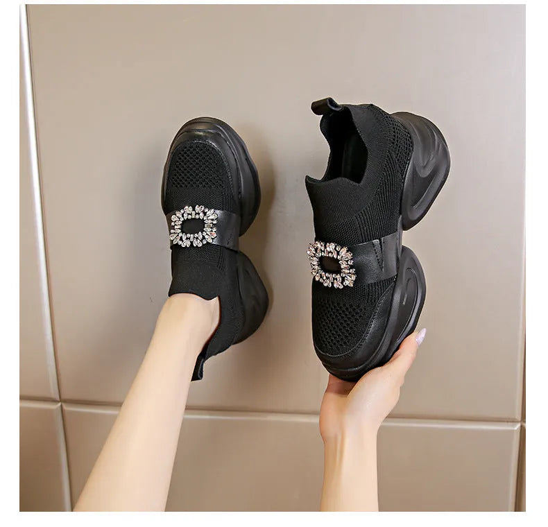 Black women's rhinestone square buckle breathable mesh baotou half slippers close-up