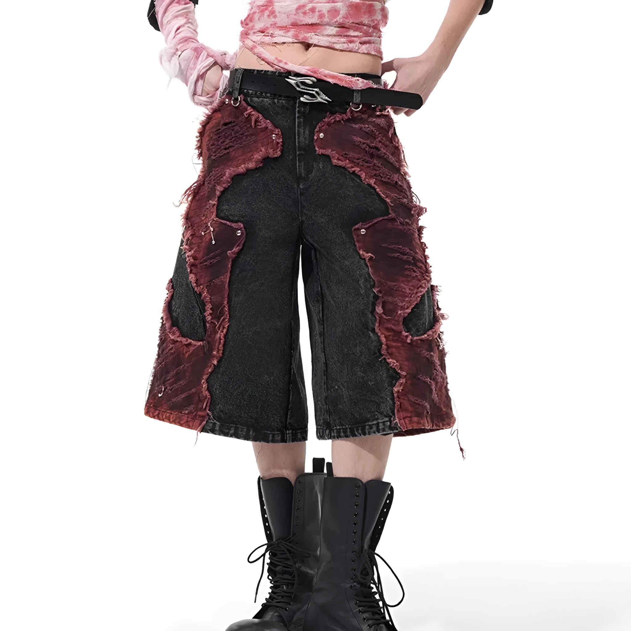 Distressed wide-leg denim cropped pants with brushed stitching and mid-high waist