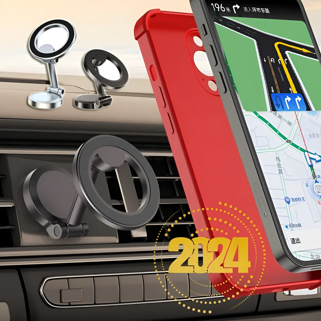 All-metal foldable magnetic car phone mount in Qian Colour on a dashboard.