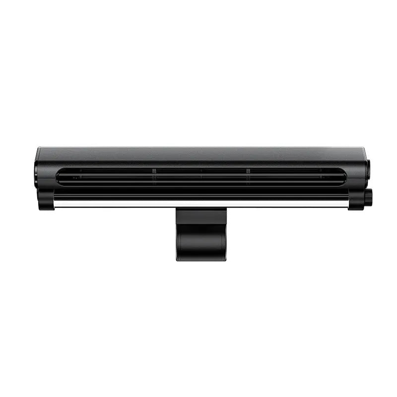 Black bladeless USB fan clipped onto a laptop screen, with an integrated lighting lamp.