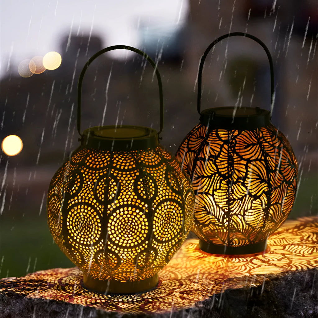 Solar-powered hollow decorative iron lamp for courtyard illumination