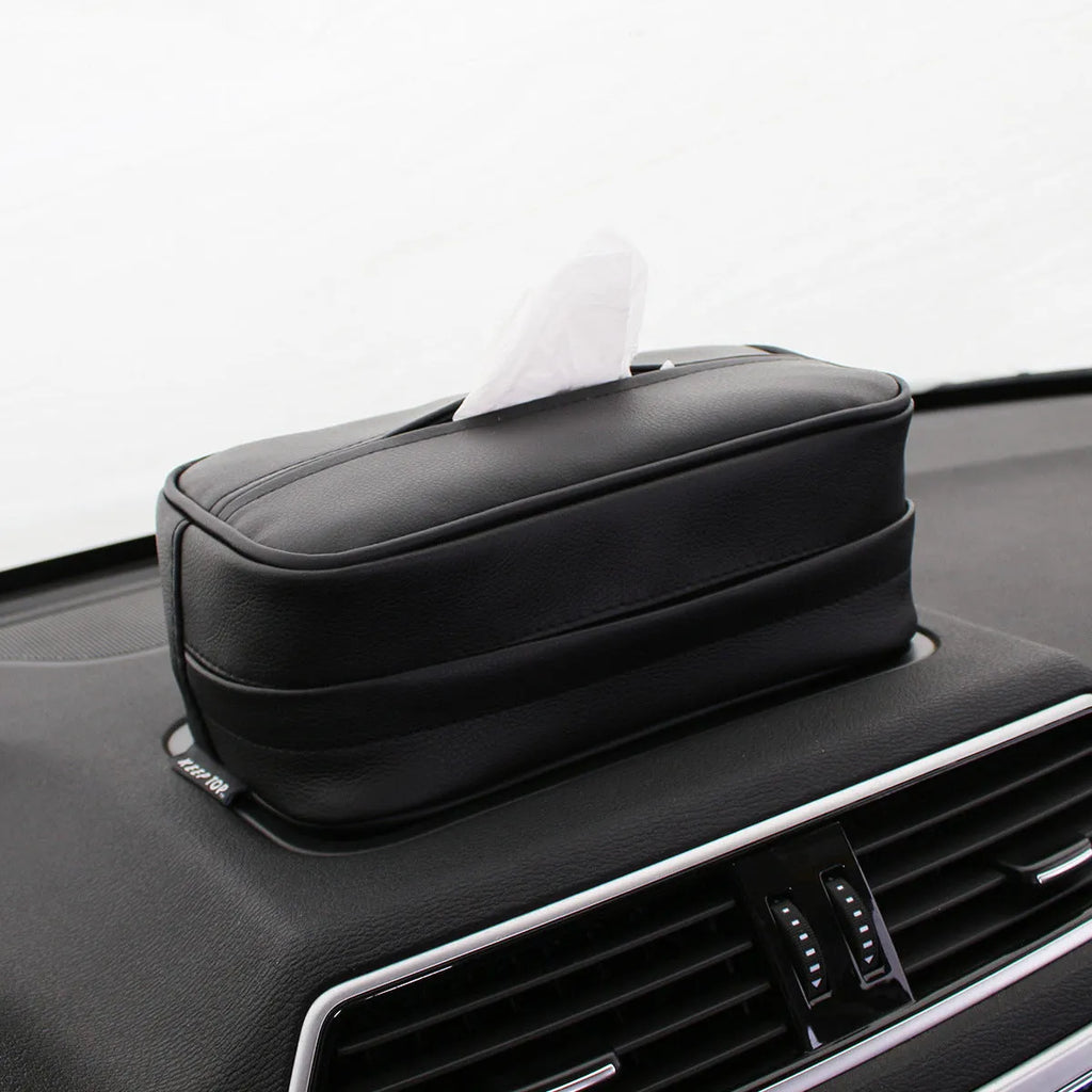 Black PU leather car hanging organiser bag with paper insert for storing documents.