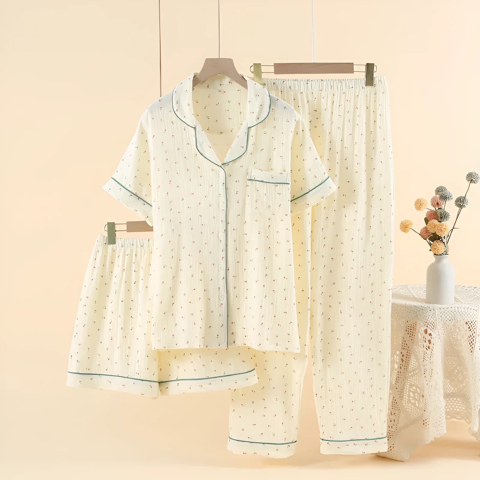 Women's pastoral gold cotton three-piece pajama set with lapel neck top and trousers