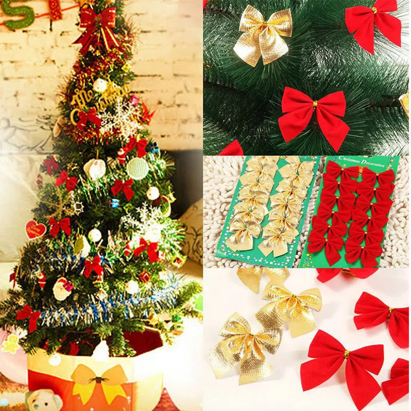 Red, gold, red gold, and silver 5 cm polyester Christmas bow ornaments on a green tree branch.