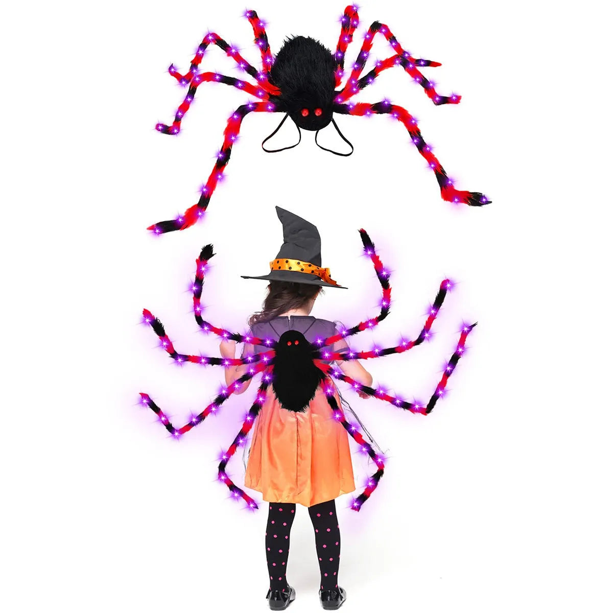 Plush Halloween spider backpack with LED lights in green, shown at 125cm length.