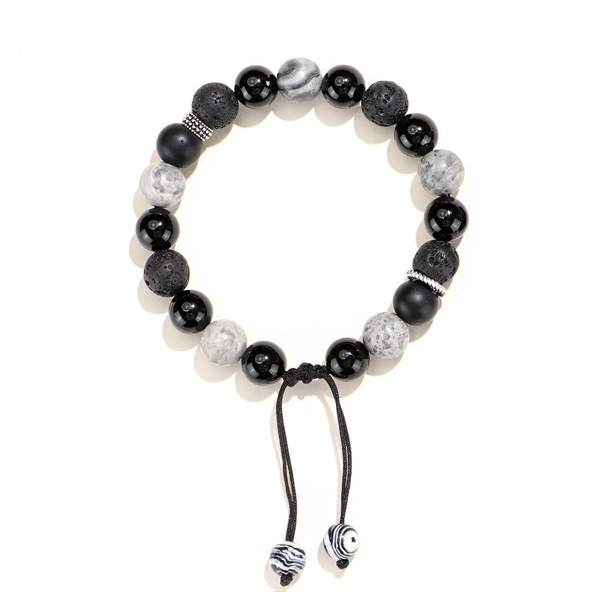 Black agate map stone volcanic rock bracelet with diamond-shaped beads and electroplated finish