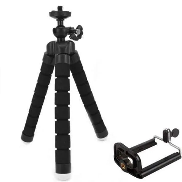 Black flexible octopus tripod with bent legs wrapped around a pole, showing a smartphone attached.