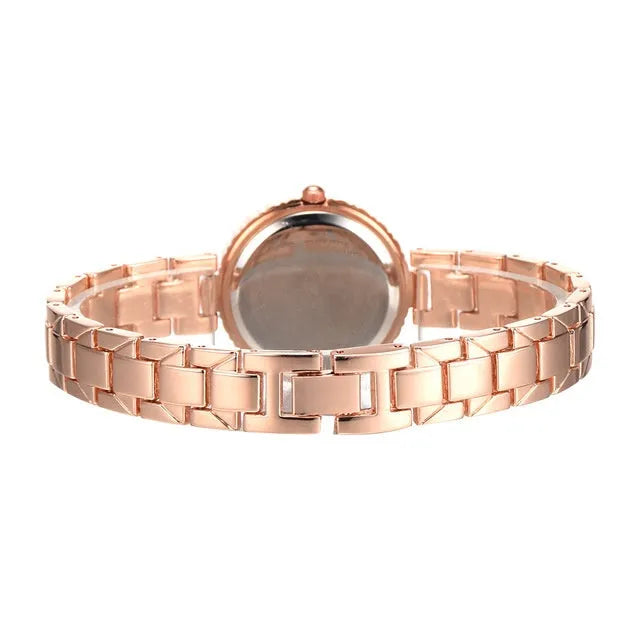 Ladies' alloy quartz watch set with optional bangle bracelet, 29mm case, rose gold or silver, black or white dial