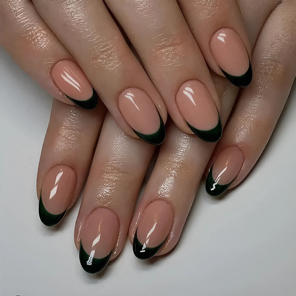 Black French style false nails with short almond shape, 24 piece nail art set
