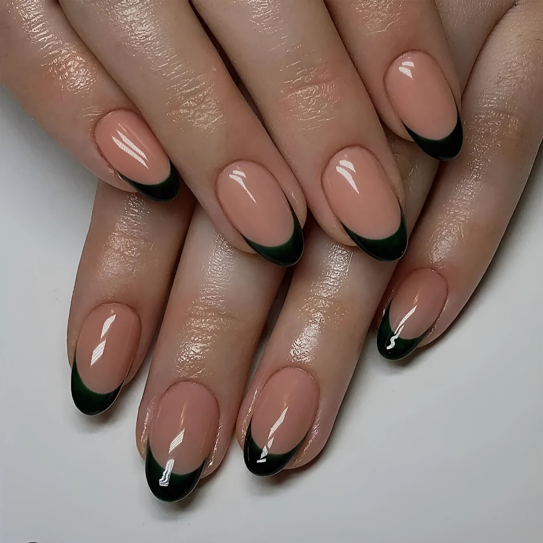 Black French style false nails with short almond shape, 24 piece nail art set