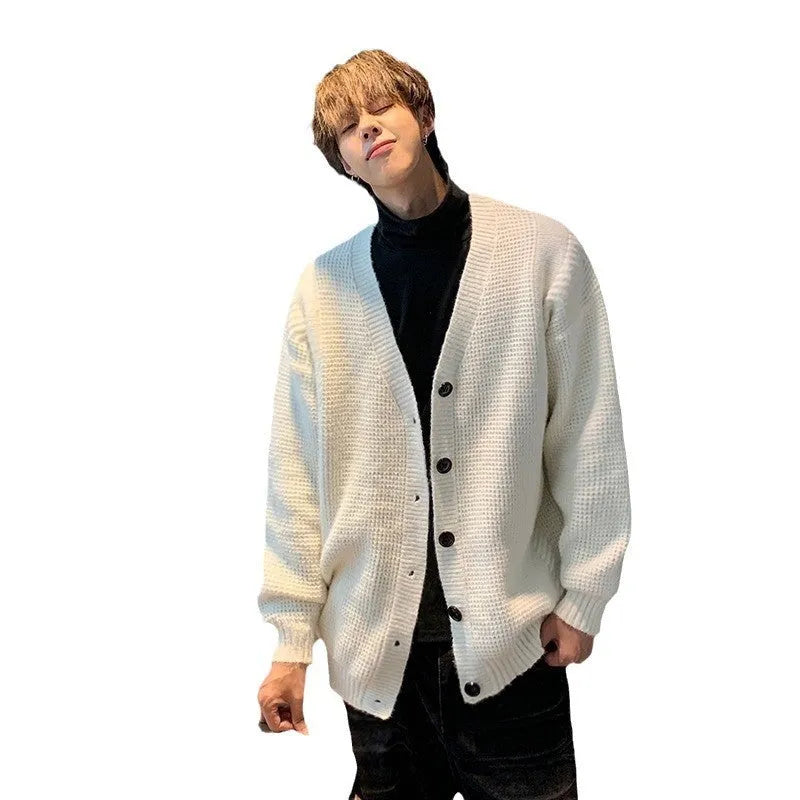 Men's casual V-neck cardigan sweater in army green, loose fit, long sleeve