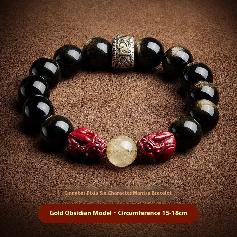 Hand-carved cinnabar bead bracelet with Jinniu zodiac design in gold obsidian colour