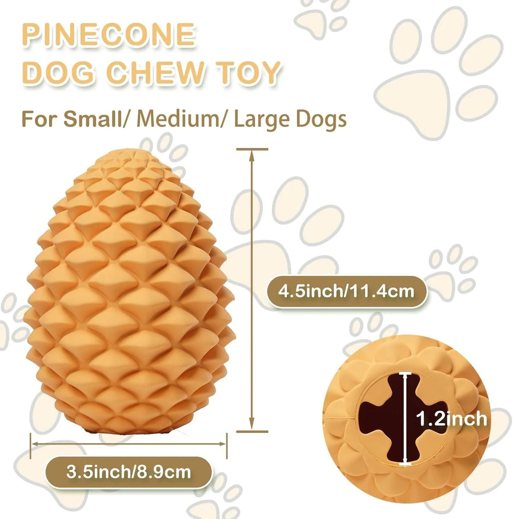 Yellow pine cone-shaped natural rubber dog chew toy with textured surface.