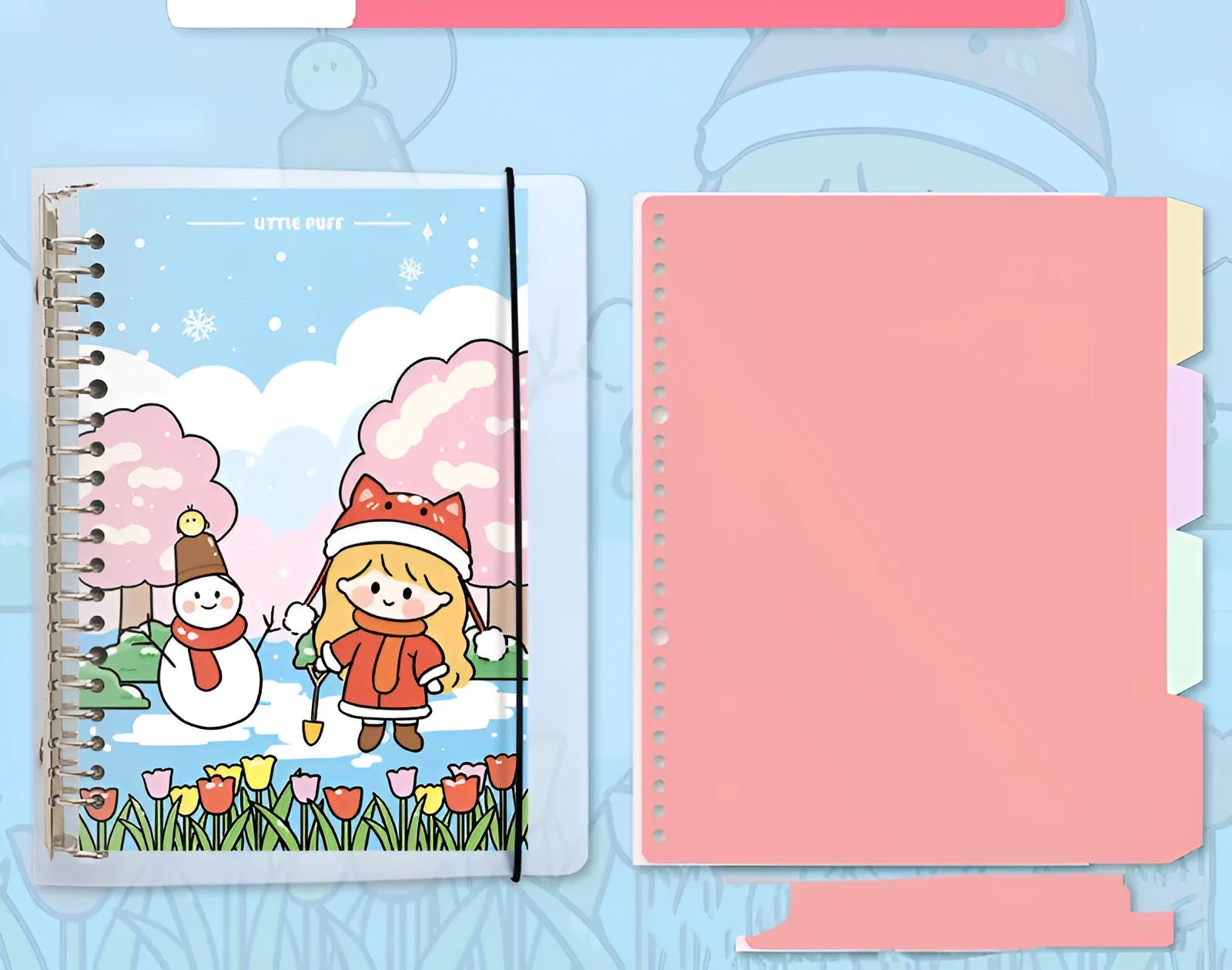 B5 replacement core notebook for detachable big coil binders with whimsical design options showing Snowman, Autumn Travel, Dessert House and Little Witch themes