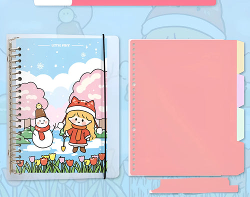 B5 replacement core notebook for detachable big coil binders with whimsical design options showing Snowman, Autumn Travel, Dessert House and Little Witch themes