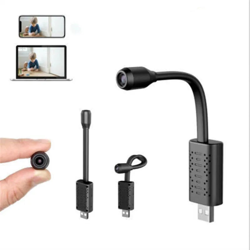 Black cylindrical V380 wireless USB camera with microSD slot and USB port for power