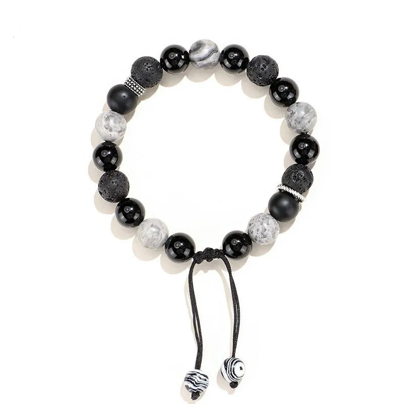 Black agate map stone volcanic rock bracelet with diamond-shaped beads and electroplated finish