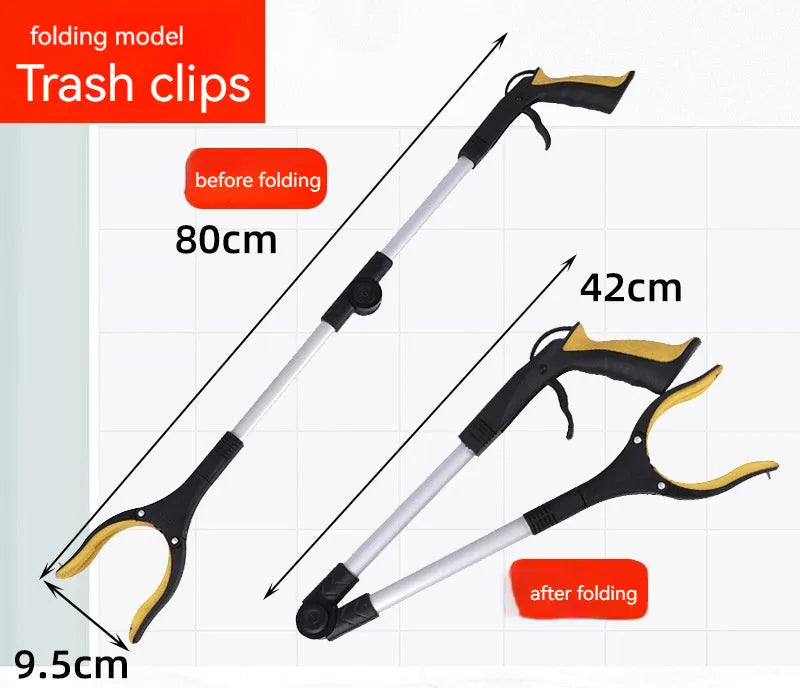 Folding aluminium alloy trash clamp with magnet sucker, shown extended to 80cm and collapsed to 42cm