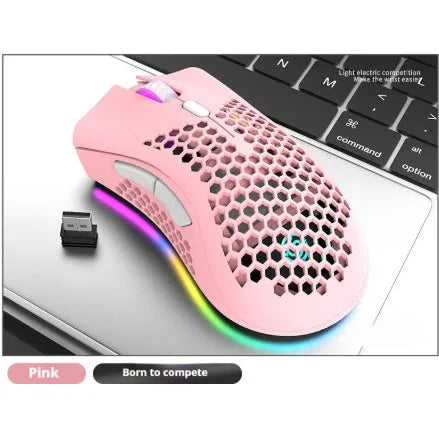 Hollow-out wireless gaming mouse with luminous RGB lighting in black, cyan or white colour options