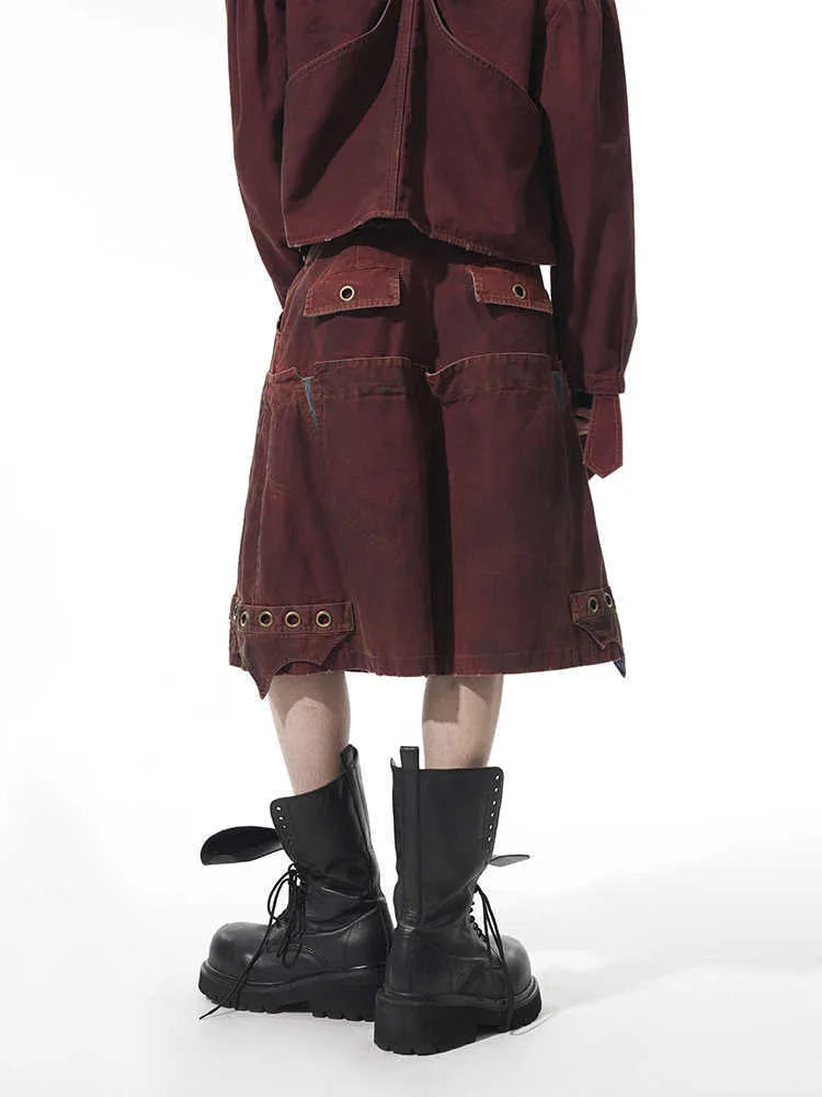 Men's black double waist cropped pants with washed stitching details and mid-high waist