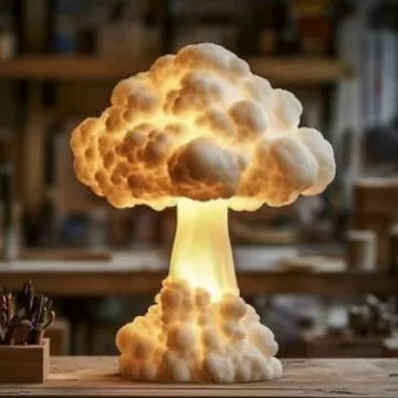 Modern art desk lamp shaped like an atomic bomb mushroom cloud, with a USB power cable.