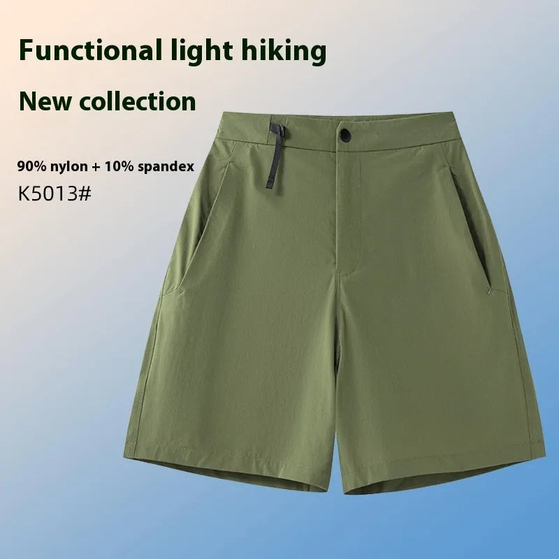 Men's khaki quick-dry sports shorts with 3D cut and four-way stretch fabric for athletic movement.