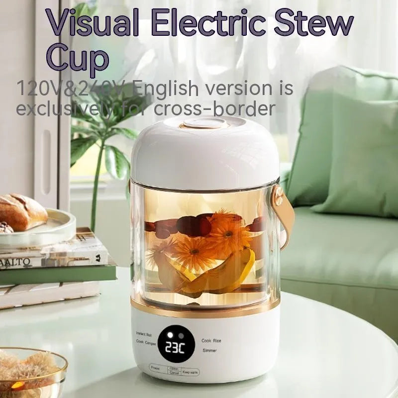 Personal portable electric stew cooker with glass liner and fibreglass body, 500W power.