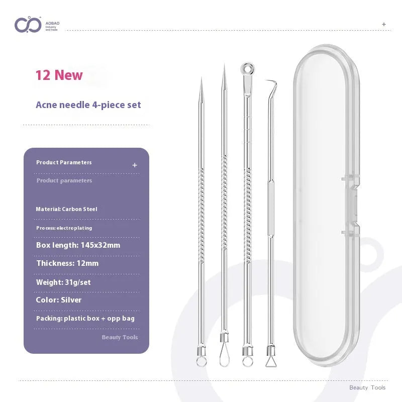 4-piece metal acne needle set with ultra fine pointed tips for professional skincare extraction