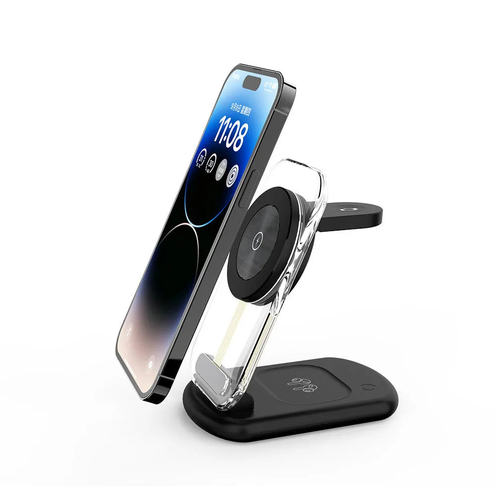 Transparent folding magnetic wireless charger in black showing its compact folded size.