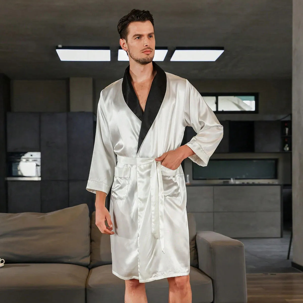 Men's lightweight summer bathrobe in rayon polyester available in multiple colours and continental sizes.