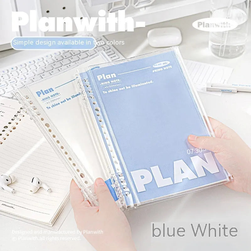 Clear A5 PVC storage folder for spiral notebooks in white or blue colour
