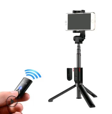 Aluminium Bluetooth selfie stick with tripod base and remote control extended with mobile phone attached