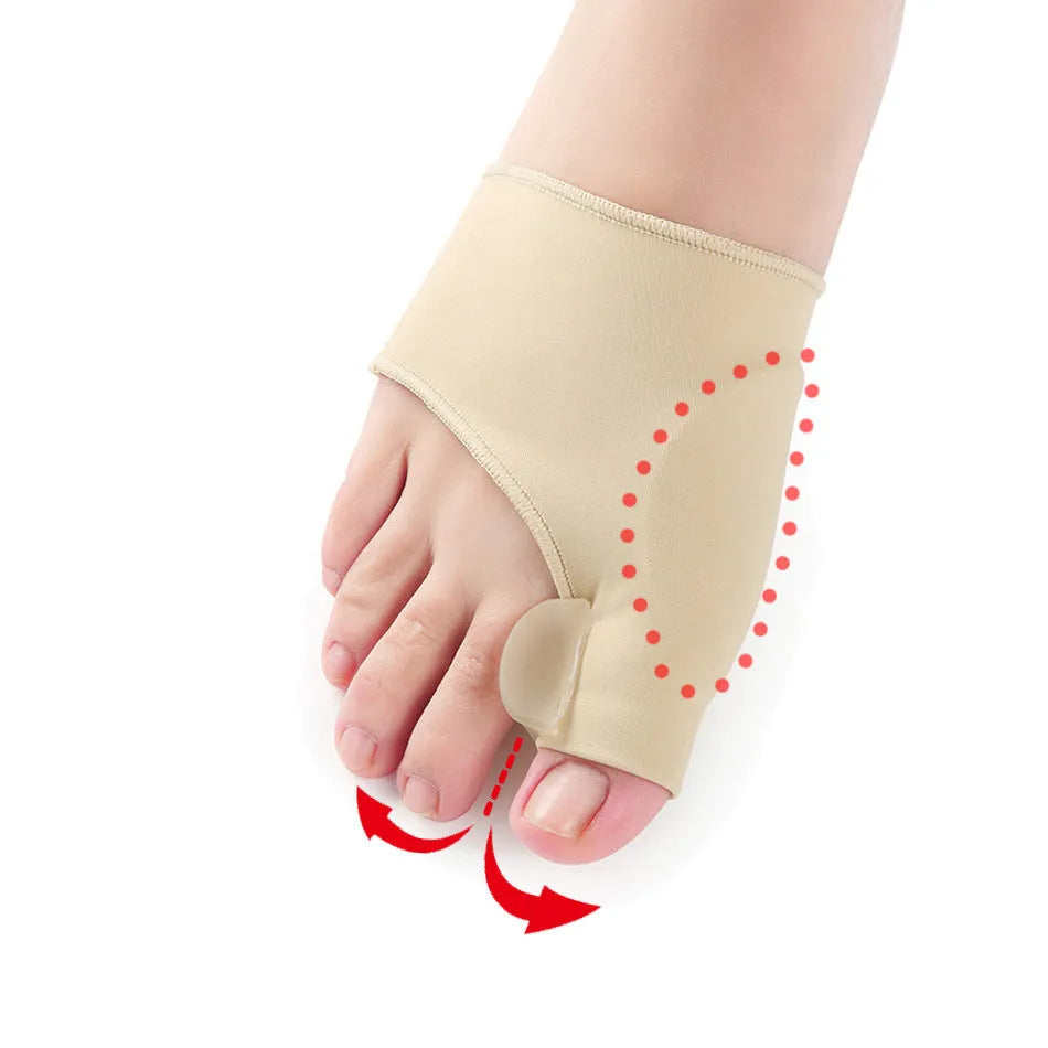 Corrective bunion relief socks with silicone gel toe separator in small, medium, and large sizes.